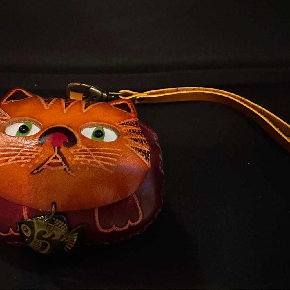 SOLD Handcrafted Cat Face Leather Wristlet - Brown and Orange
